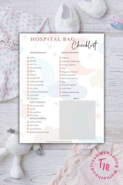 A checklist for packing a hospital bag, detailing essentials for mom and baby, including items like toiletries, clothing, and newborn necessities.