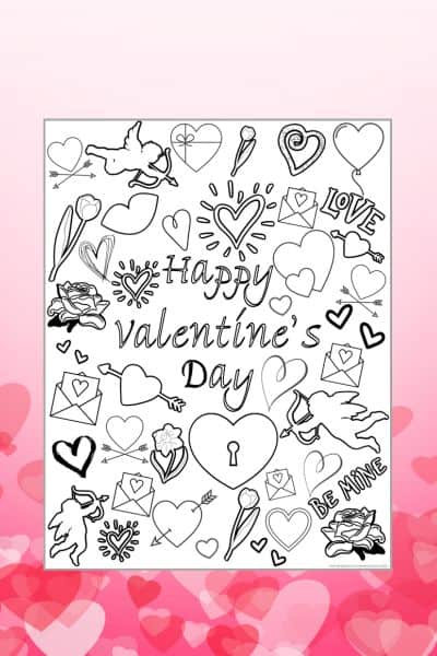 Free printable Valentine’s Day coloring page for kids featuring hearts, Cupid, envelopes, flowers, and the words “Happy Valentine’s Day,” designed as a fun holiday coloring activity for children.