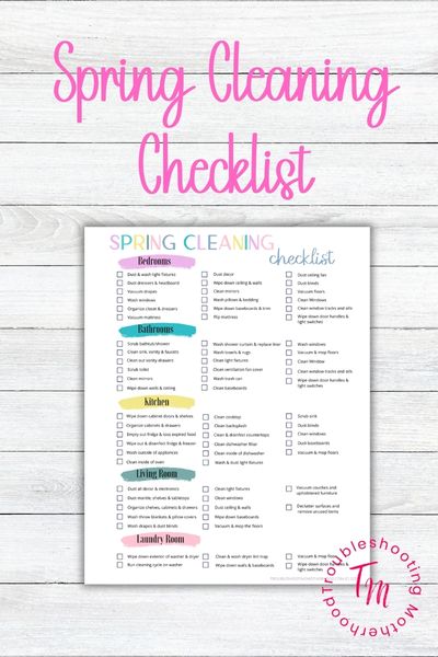 Spring Cleaning Checklist on white wood background. Image of checklist.