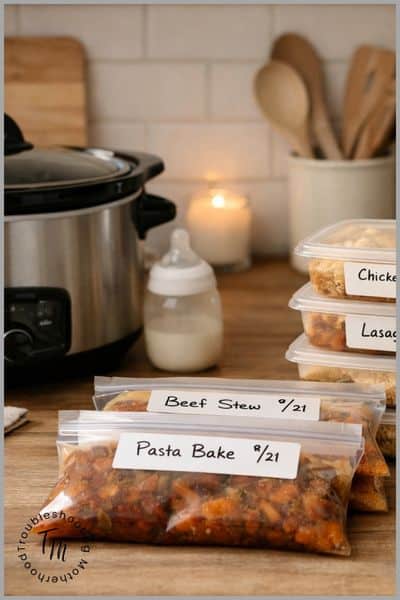 Cozy kitchen counter with a slow cooker and labeled freezer meals prepared ahead of time to make postpartum weeks easier for new parents.