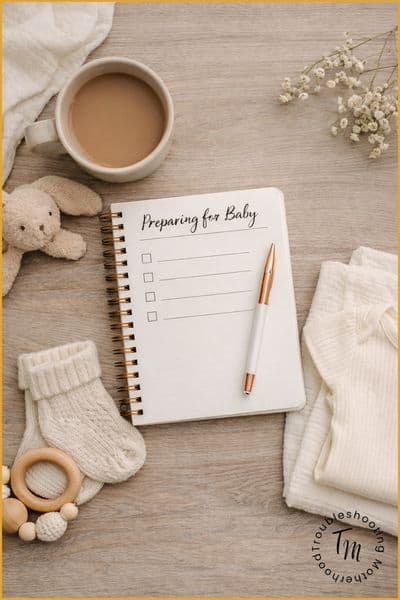 Flat lay of baby preparation items including a notebook titled “Preparing for Baby,” coffee mug, baby socks, wooden teether, soft onesie, muslin blanket, and stuffed bunny on a neutral wooden surface, representing a realistic baby prep checklist before birth.