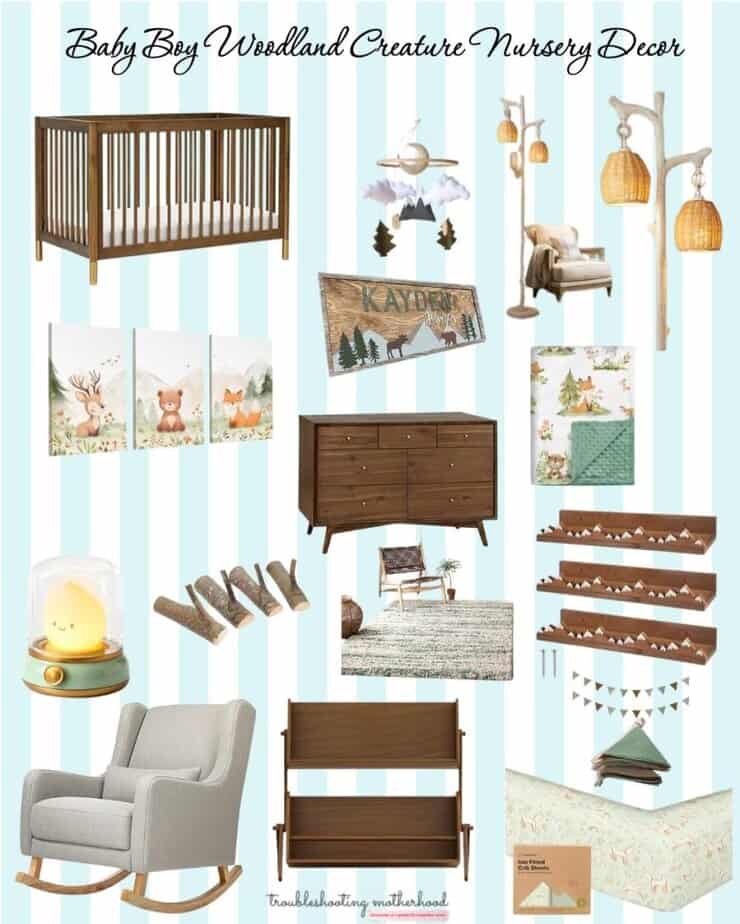 Woodland creature baby boy nursery decor with warm wood crib, forest animal wall art, neutral rocking chair, earthy rug, wooden shelves, and cozy nature-inspired accents in a calm, neutral nursery setting