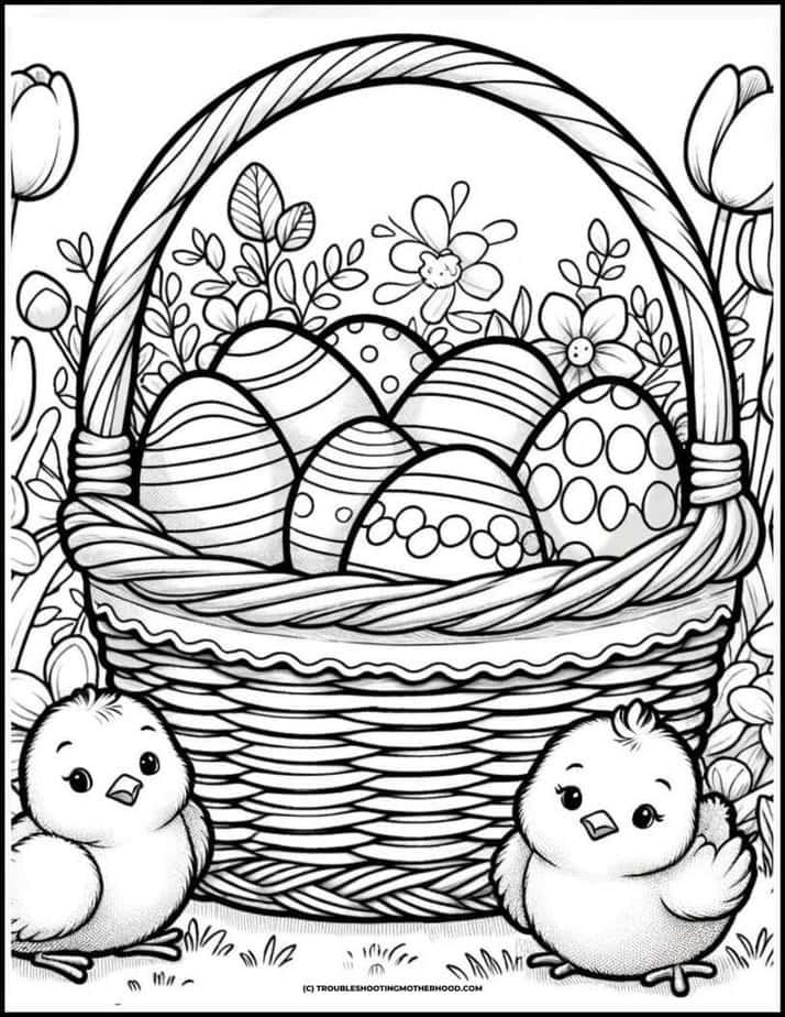 Easter basket full of decorated eggs, baby chicks and flowers.
