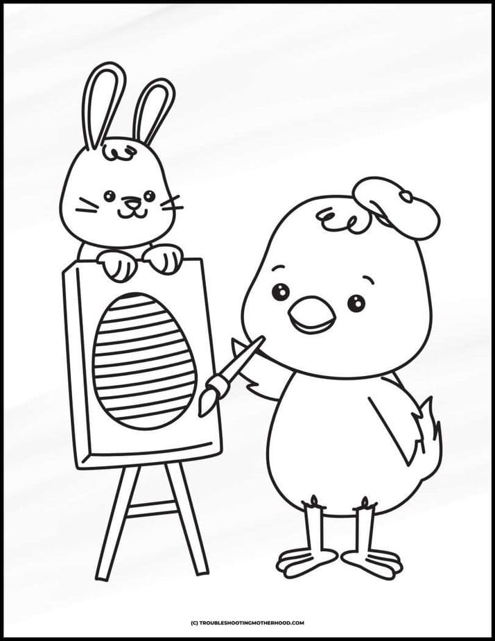 Easter Coloring Pages with a baby chick drawing an egg with a bunny watching.