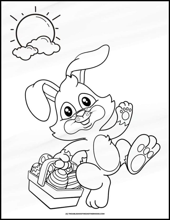 Easter printable coloring pages with a bunny carrying a basket of easter eggs on a sunny day.