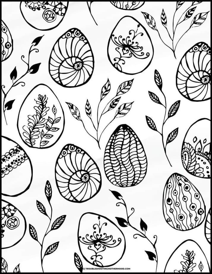 Free Easter Coloring Pages image of fine line decorated Easter eggs with flowers.
