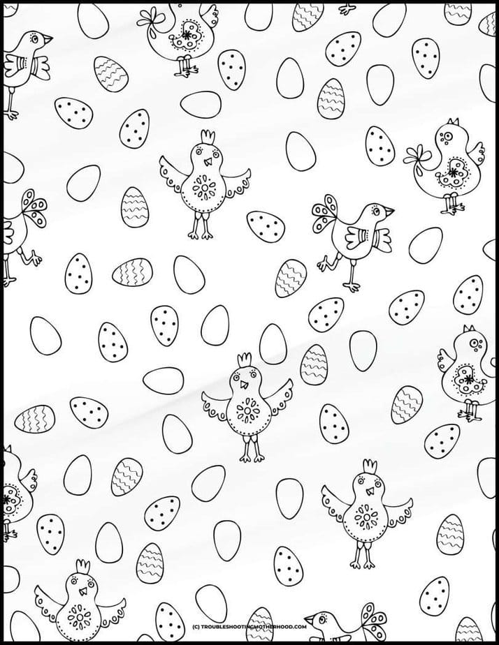 Cute Easter coloring page for kids with mini decorated easter eggs and baby chicks.