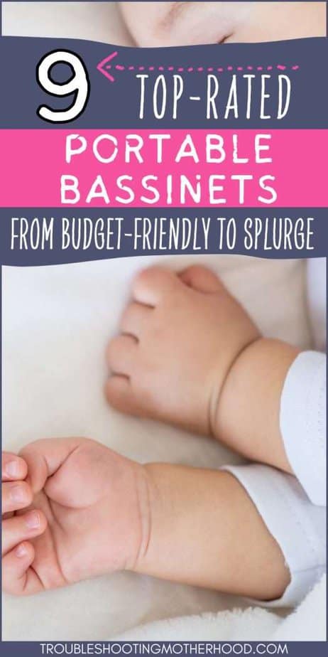 Pin image of baby sleeping. The best travel bassinets for babies and toddlers.