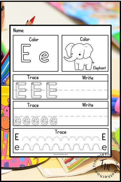 Background: Crayons. Image Letter 'E' tracing worksheet.