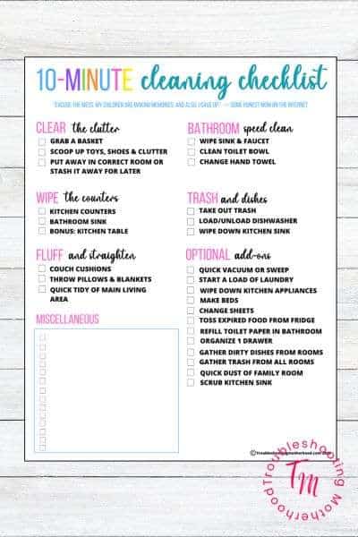 A printable 10-minute cleaning checklist featuring tasks for clearing clutter, wiping surfaces, trash disposal, and optional additional chores, designed to facilitate efficient house cleaning.