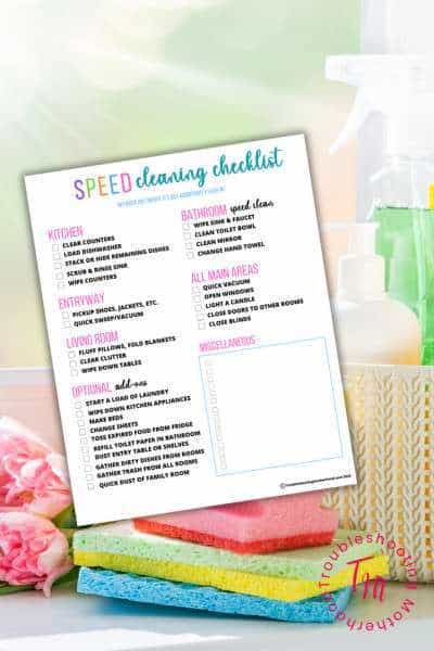 A colorful speed cleaning checklist is displayed on a bright background with cleaning supplies, featuring sections for various rooms and tasks, designed for quick and easy house cleaning. SPEED CLEANING HACKS.