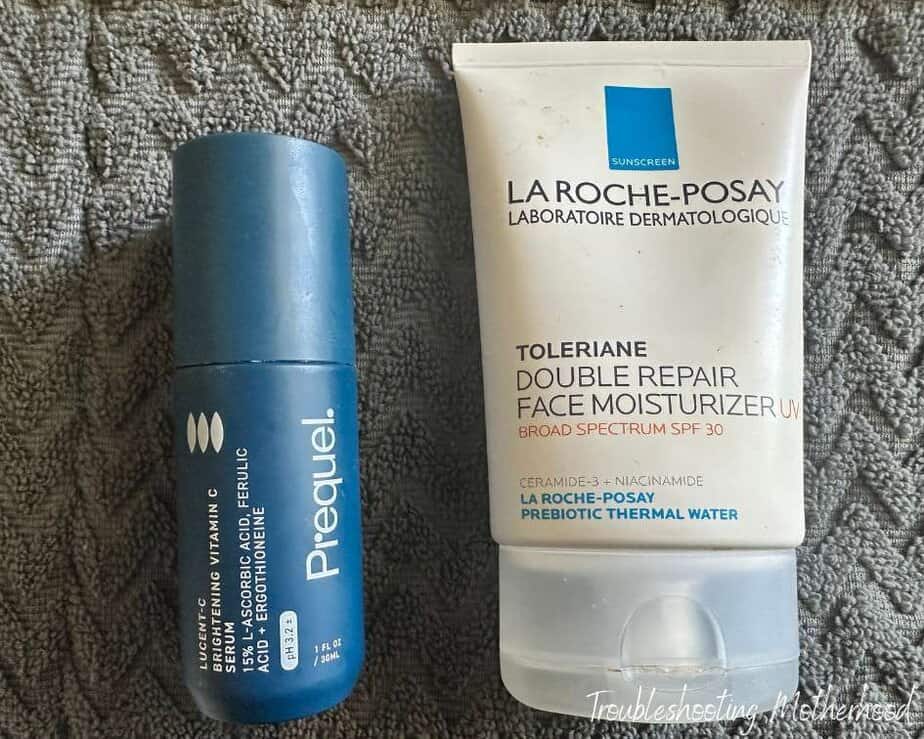 First trimester pregnancy tips. Image of La Roche Posay facial sunscreen and PreQuel Vitamin C for pregnancy skincare.