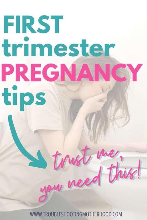 A woman leans over a toilet, appearing to experience nausea, accompanied by text highlighting "First Trimester Pregnancy Tips" and "Surviving First Trimester."