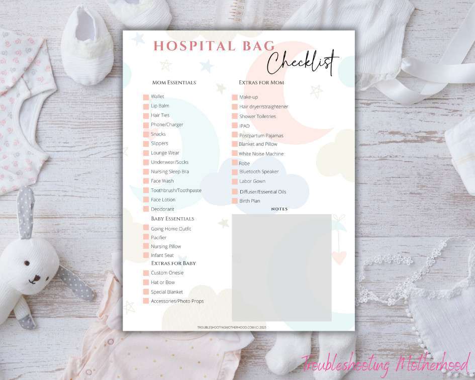 Flay lay background with baby items. Printable birth plan checklist