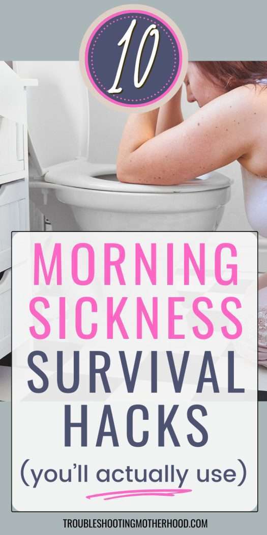 Text: Morning sickness survival. Image of woman leaning over bathroom toilet.