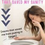 Text: Easy Morning Sickness fixes that saved my sanity. Image: Woman leaning over bathroom toilet.
