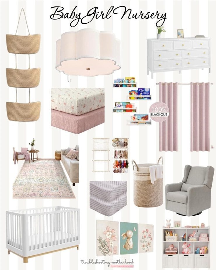 Baby girl nursery decor collage featuring soft neutral furniture, blush accents, woven storage baskets, a white crib, blackout curtains, a glider chair, floral wall art, and cozy nursery essentials arranged in a calm, elegant style