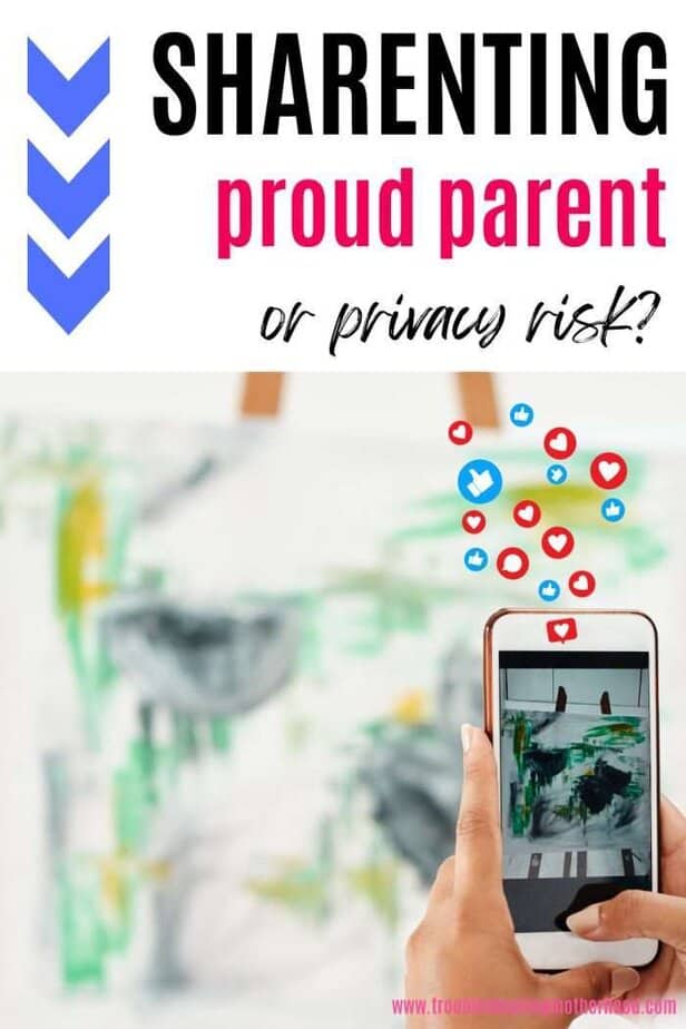 Person taking a photo of kids’ artwork on a phone with social media like and heart icons, illustrating the question: proud parent or privacy risk?