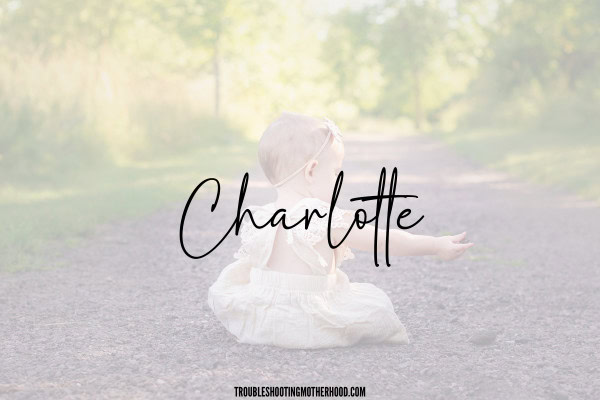 Classic Baby name styles. Image of little girl sitting down, with text overlay of Charlotte