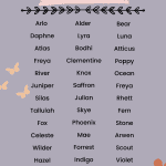 Pinterest pin titled “Earthy Boho Baby Names for Boys and Girls” featuring a muted lavender background with a list of nature-inspired boho baby names like Arlo, Juniper, River, Willow, Atlas, Luna, Fern, and Kai, decorated with soft botanical accents and butterflies.