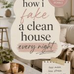 Neutral Pinterest pin with a cozy beige living room background and a black organic text shape featuring cursive typography that says “how i fake a clean house every night” in soft blush pink and cream colors.