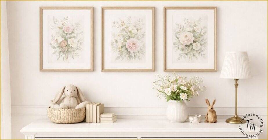 Classic Girl Names. Soft, classic nursery scene with a white dresser, framed botanical floral prints, plush bunny, wooden rabbit, and neutral decor in warm, timeless tones.