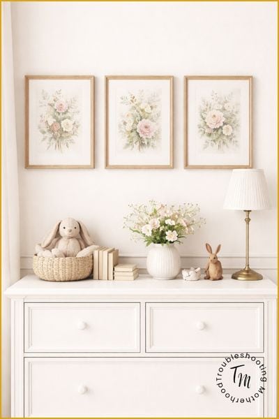 Classic Baby Girl Names. Soft, classic nursery scene with a white dresser, framed botanical floral prints, plush bunny, wooden rabbit, and neutral decor in warm, timeless tones.