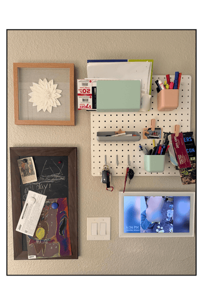 Image of mini command center in kitchen with skylight calendar, pegboard and chalkboard. Perfect to help clean a messy house when you're mentally exhausted.