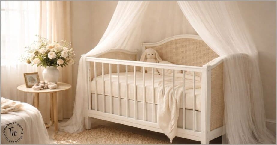 Minimal neutral nursery with white crib and soft textures in natural light, styled for a timeless and elegant baby name post