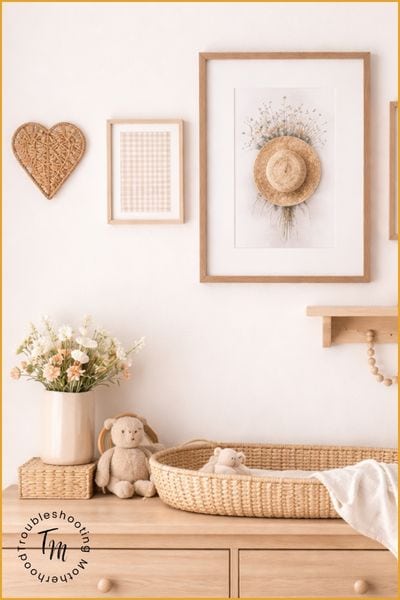 Girl Names By Style. Soft neutral nursery with wooden dresser, woven changing basket, framed wall art, and cozy baby decor