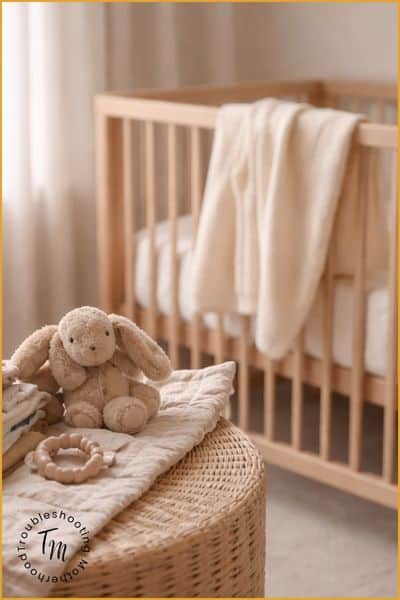 Sunny nursery corner with a crib, soft neutral bedding, natural wood accents, and daylight streaming through a window, creating a calm and lived-in baby prep space. How to prepare for a baby.