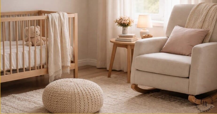 Sunny nursery corner with a light wood crib, soft neutral bedding, a cozy glider chair, and warm natural light creating a calm, ready-for-baby space.