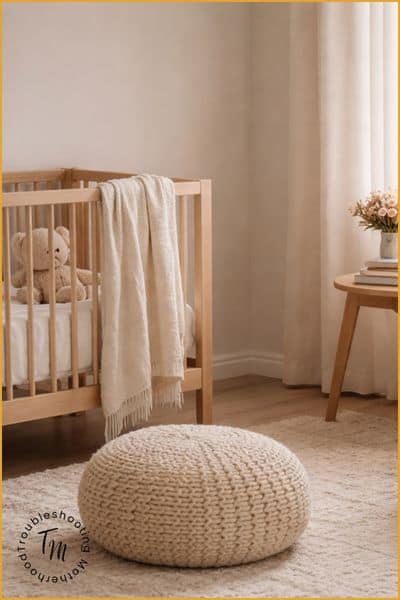 Labor and Birth Prep. Sunny nursery corner with a light wood crib, soft neutral bedding, a cozy glider chair, and warm natural light creating a calm, ready-for-baby space.