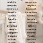 Classic long girl names graphic with two columns of baby girl names over a neutral nursery crib background