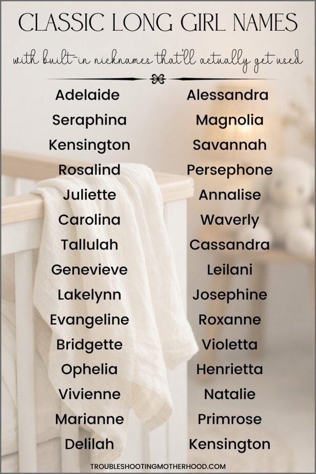 Classic long girl names graphic with two columns of baby girl names over a neutral nursery crib background
