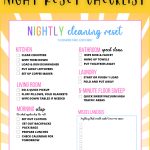 Nightly home reset checklist printable showing a simple night cleaning routine for busy moms to reset the house before morning.