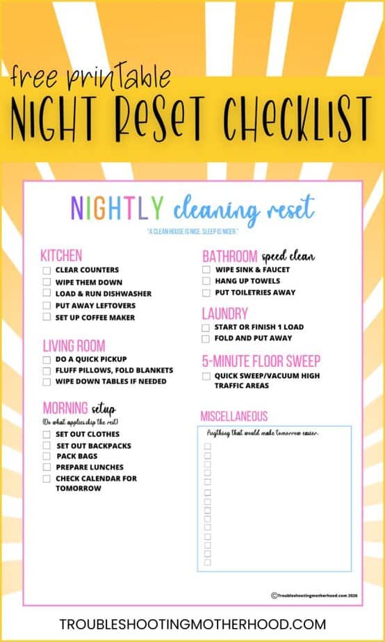 Nightly home reset checklist printable showing a simple night cleaning routine for busy moms to reset the house before morning.