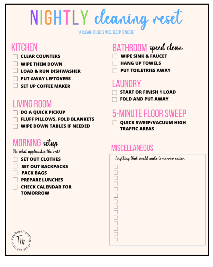 Nightly cleaning reset printable to break the messy house cycle.