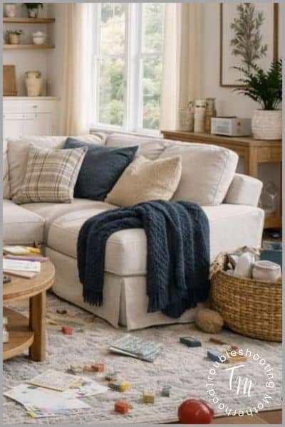Image of a cluttered family room. How to start cleaning a messy room.