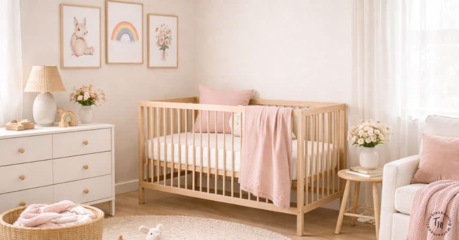 Bright modern girl nursery featuring a wooden crib, blush pink blanket, pastel wall art, white dresser, and soft neutral decor.