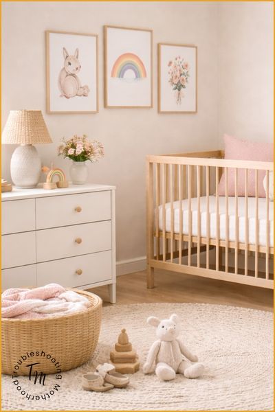 Short Girl Names. Soft modern nursery with pink accents, wooden crib, floral wall art, and cozy textures in a bright, airy room.