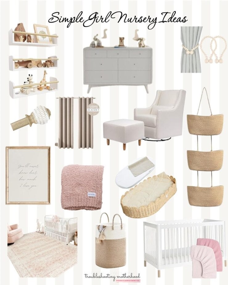 Simple girl nursery ideas featuring a white crib, blush accents, woven storage baskets, soft wall art, and modern neutral nursery decor.