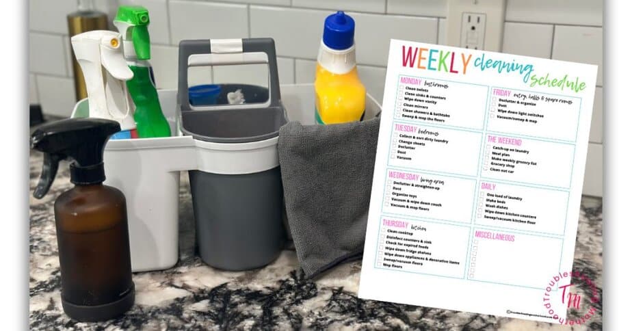 cleaning supplies in a caddy on a kitchen counter with a printable weekly cleaning schedule. What to clean first when everything is a mess.