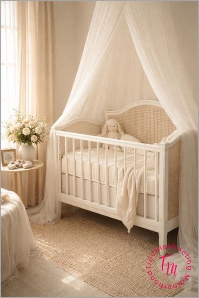 Elegant neutral nursery with white crib, soft linen bedding, and warm natural light, creating a timeless and classic baby girl name inspiration aesthetic