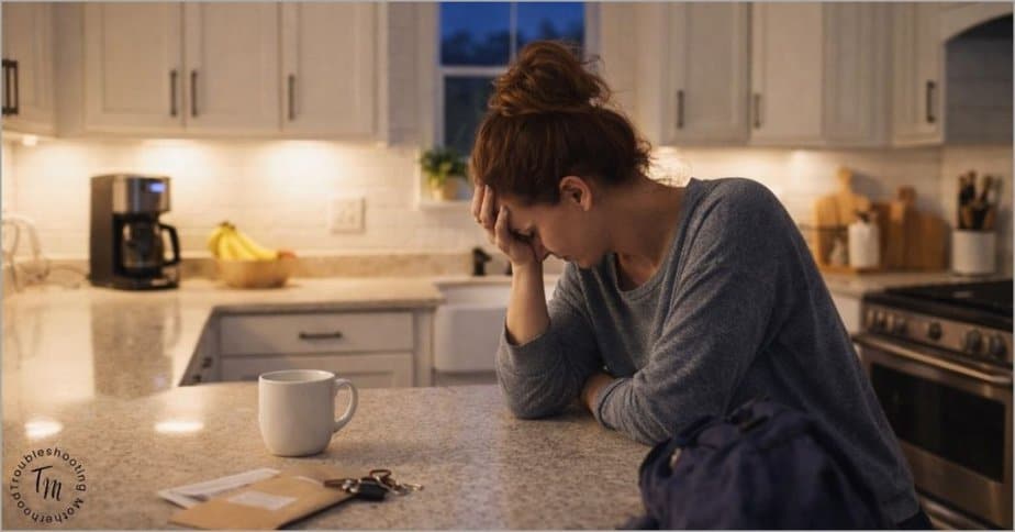 A tired woman standing in a light, modern farmhouse kitchen at night, showing how to clean when you’re mentally exhausted.