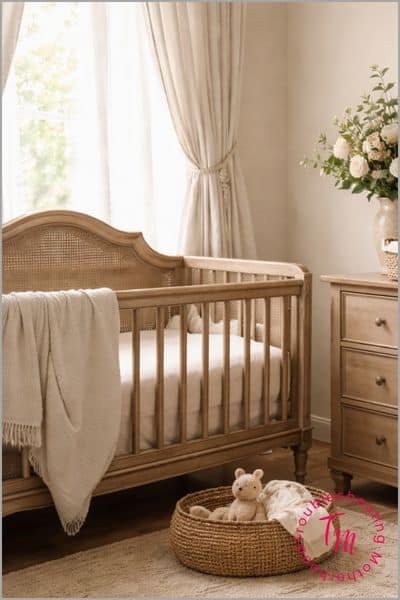 Soft neutral nursery detail with vintage accents, representing rare long baby girl names with timeless appeal