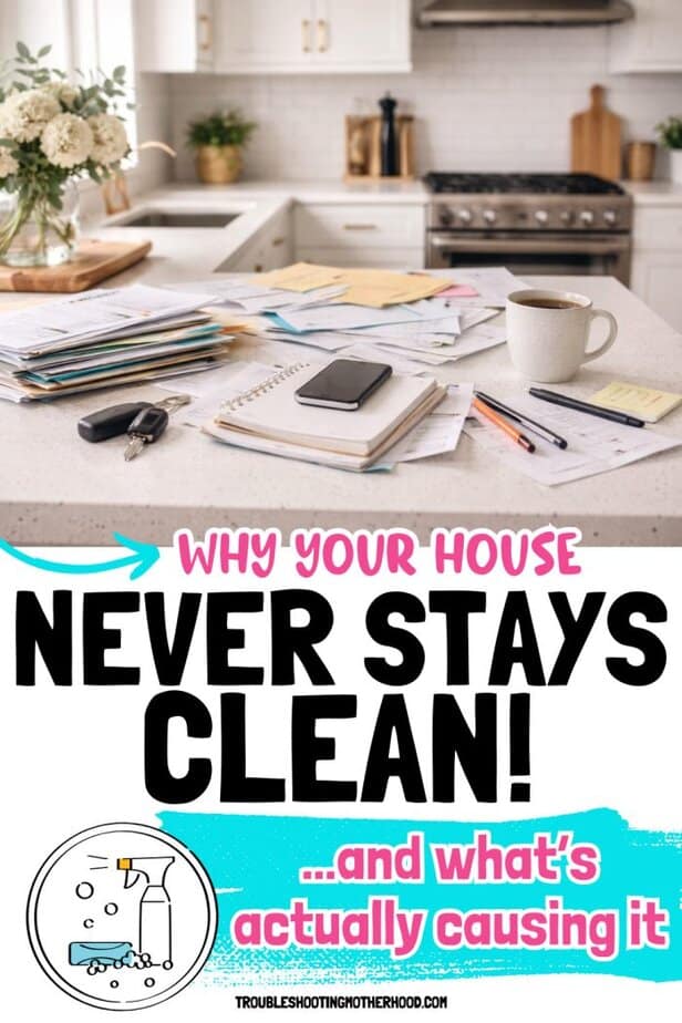 WHY YOUR HOUSE NEVER STAYS CLEAN. IMAGE OF MESSY KITCHEN WITH CLUTTER. 