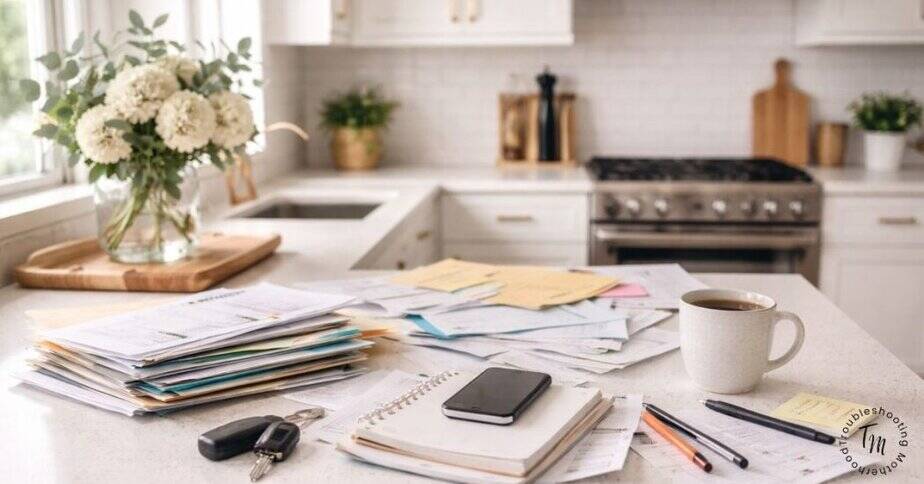 A kitchen counter with everyday paper clutter and car keys piled near the sink, showing how small items quickly make a home feel messy even after cleaning.