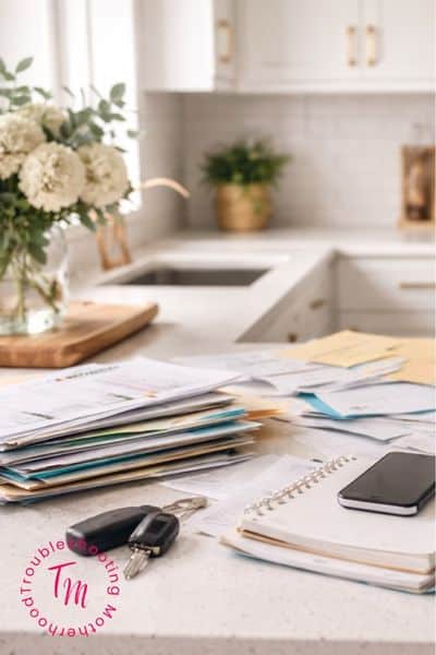 A kitchen counter with everyday paper clutter and car keys piled near the sink, showing how small items quickly make a home feel messy even after cleaning.