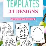 Pinterest graphic showing free printable Easter egg templates with 34 designs including coloring eggs and blank egg outlines for kids Easter activities.